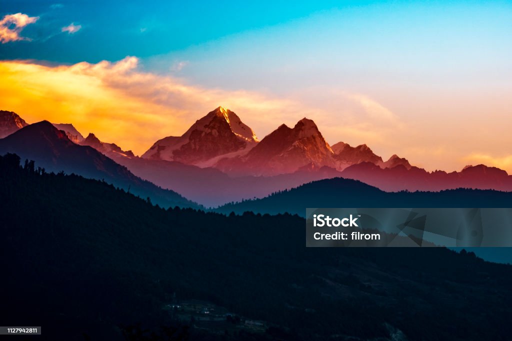 Beautiful mountain range of Helambu in Nepal at sunrise