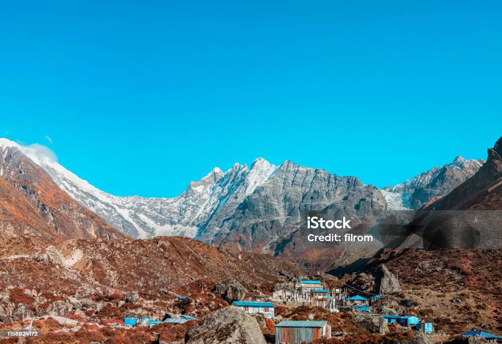 Beautiful landscape of the village Kyanjin Gompa with the Langtang Lirung glacier in the background
