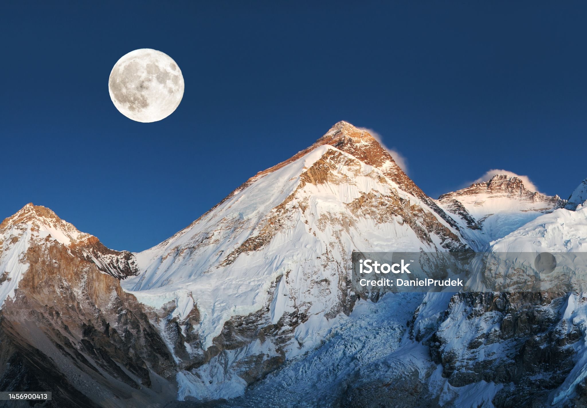 Mount Everest, night view with moon, Nepal Himalaya mountain. Mt. Everest and Nuptse peak from Kala Patthar, Khumbu valley, Sagarmatha national park