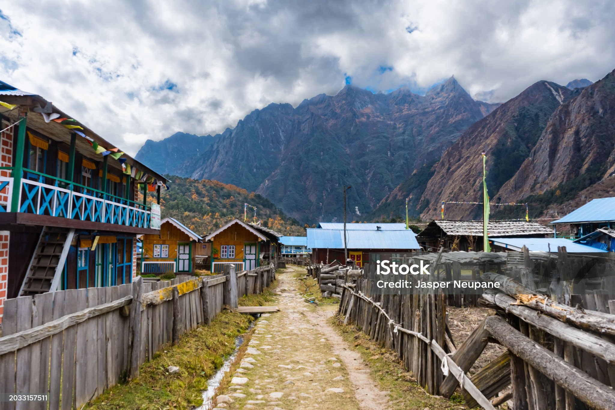Ancient Village of Ghunsa with Traditional Wooden Houses in Kanchenjunga Trek, Taplejung, Nepal