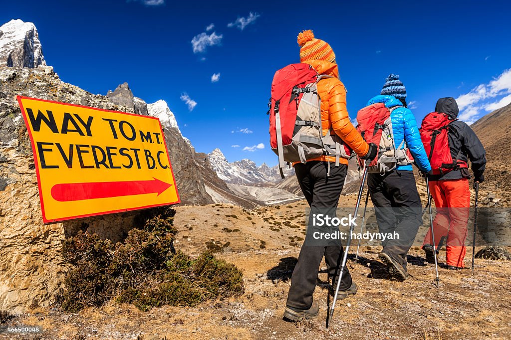Group of three trekkers passing signpost "Way to Mount Everest Base Camp" - Mount Everest (Sagarmatha) National Park. This is the highest national park in the world, with the entire park located above 3,000 m ( 9,700 ft). This park includes three peaks higher than 8,000 m, including Mt Everest. Therefore, most of the park area is very rugged and steep, with its terrain cut by deep rivers and glaciers. Unlike other parks in the plain areas, this park can be divided into four climate zones because of the rising altitude.http://bhphoto.pl/IS/nepal_380.jpg